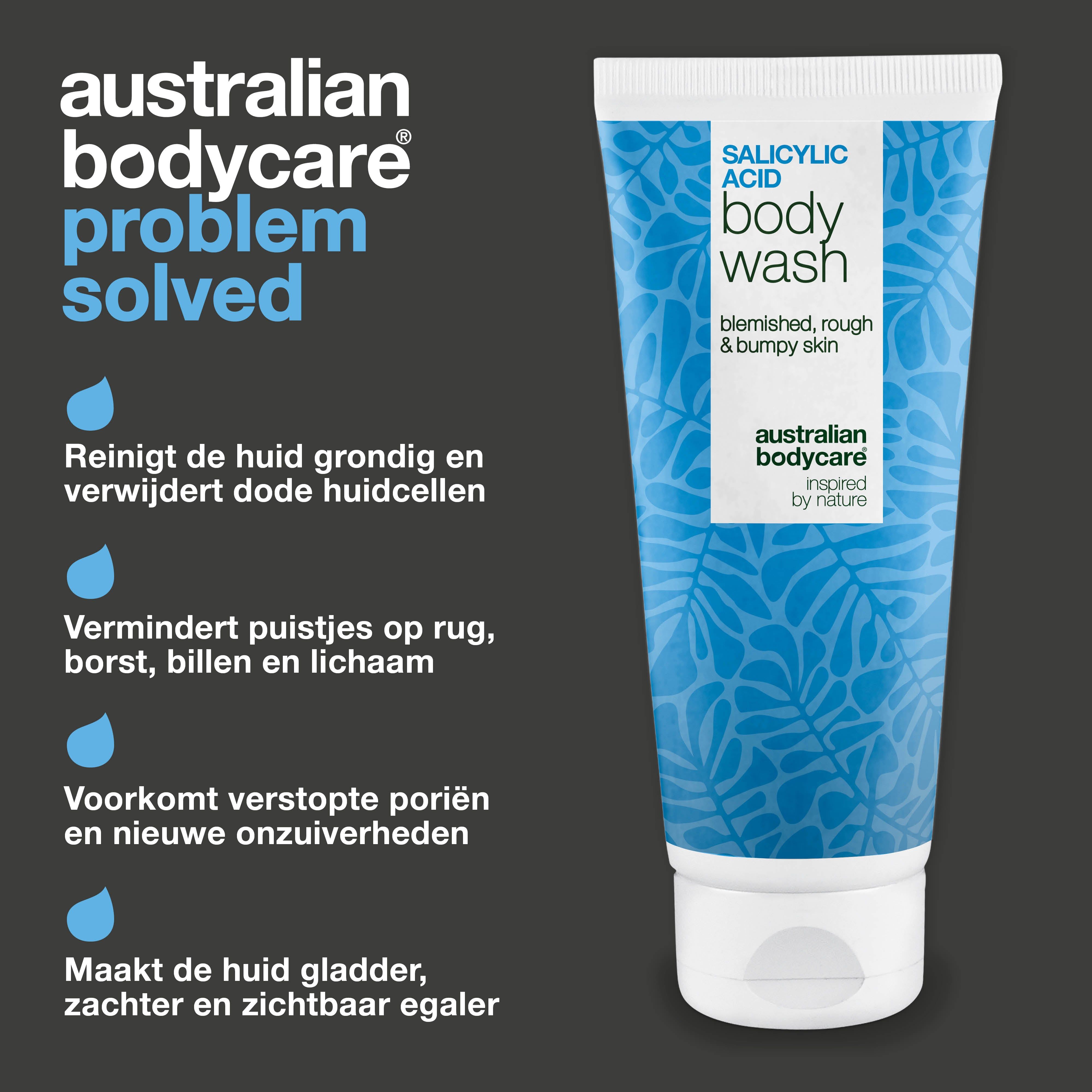 Tube Salicylic Acid Body Wash. Tekst: Reinigt, vermindert puistjes, helpt poriën te voorkomen, maakt huid gladder. Zwarte achtergrond.