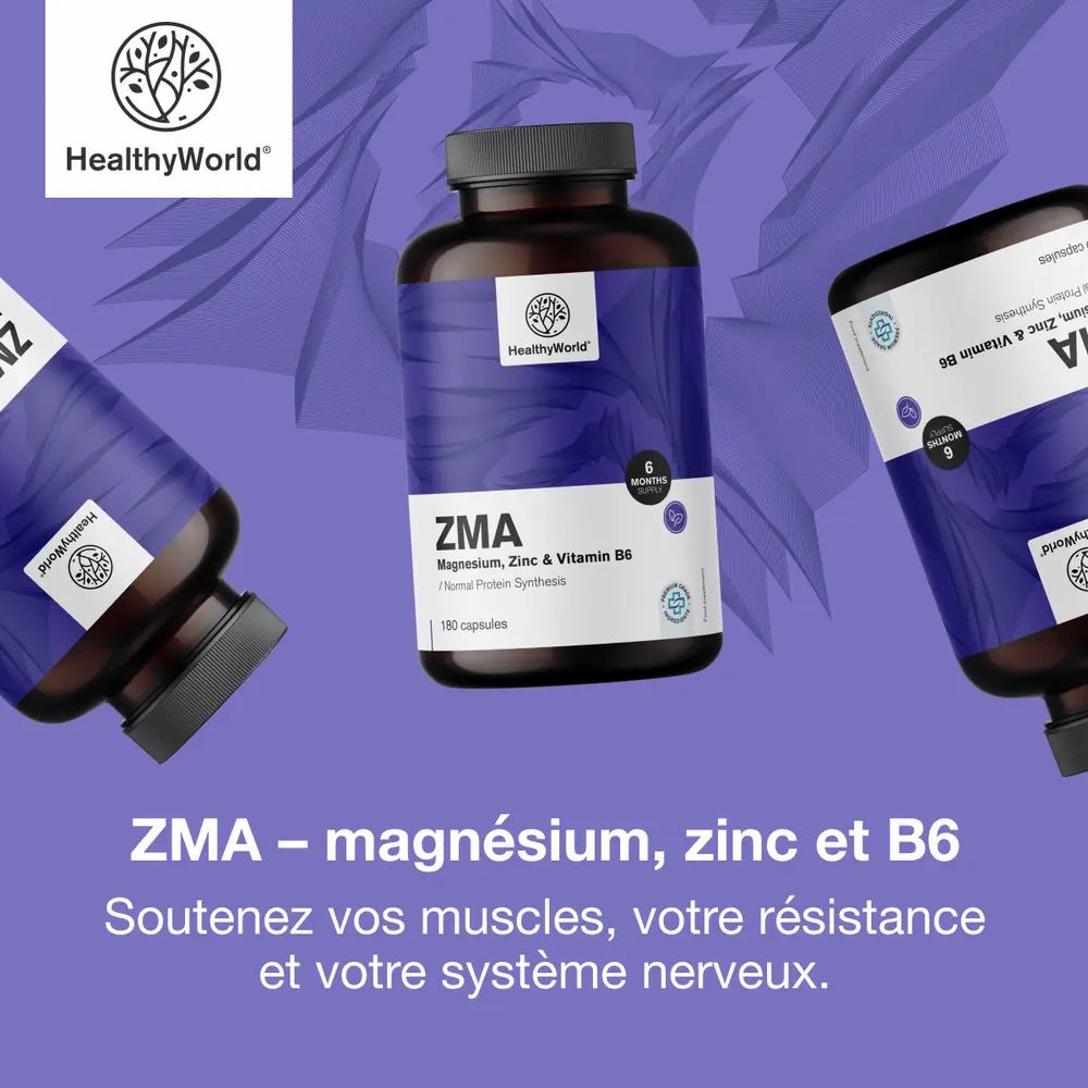 Flacon de gélules HealthyWorld ZMA, homme s'entraînant, logo et texte.