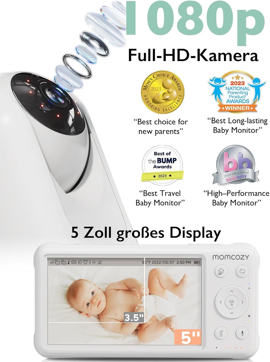 Caméra babyphone Full HD et écran 5 pouces. Récompenses.