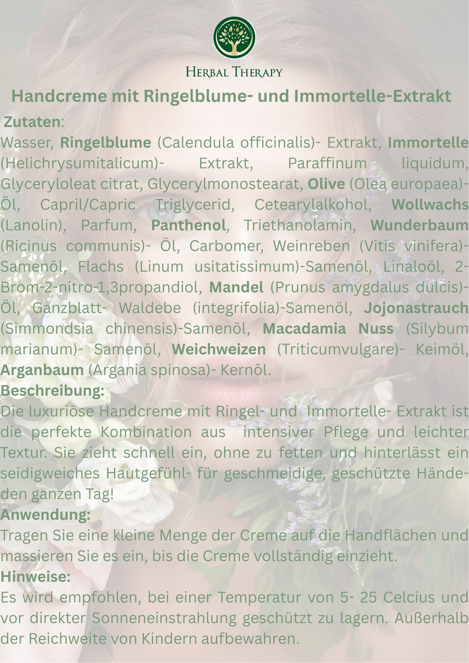 Tekstgebaseerde advertentie met Herbal Therapy logo. Tekst: Handcreme mit Ringelblume- und Immortelle-Extrakt. Lijst van ingrediënten.