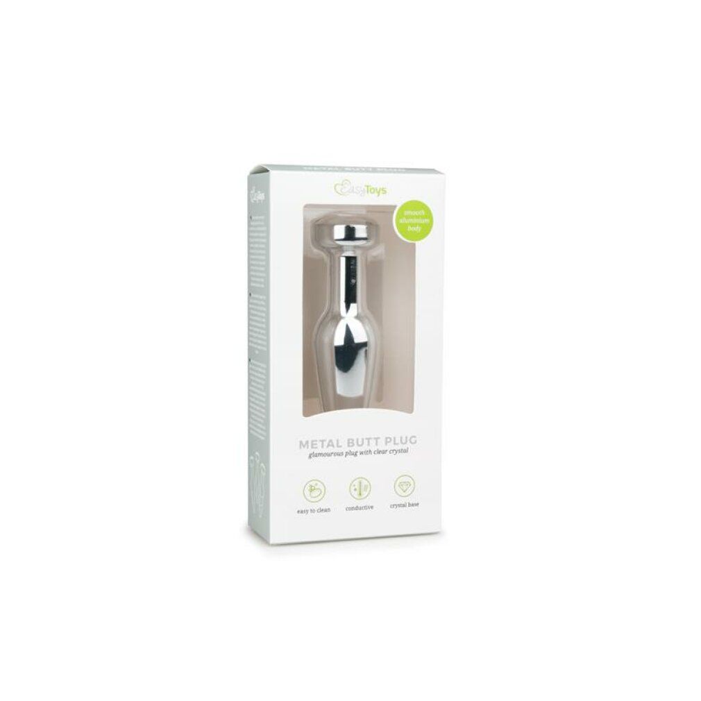 Emballage pour un plug anal en métal. Boîte blanche avec image et texte du produit. Marque : Easytoys.
