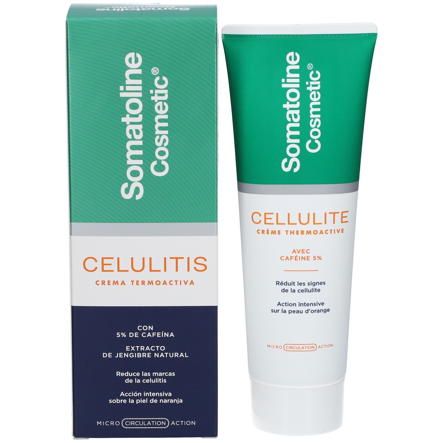 Productverpakking: tube en doos. Opschrift Somatoline Cosmetic en CELLULITIS. Bevat cafeïne 5%.