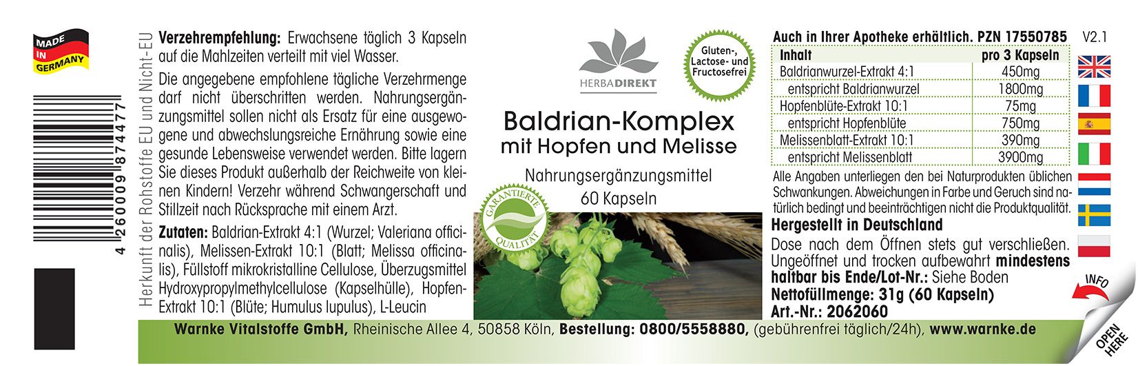 Étiquette avec informations sur le produit. Inscription: Baldrian-Komplex mit Hopfen und Melisse. 60 gélules. Ingrédients et dosage.
