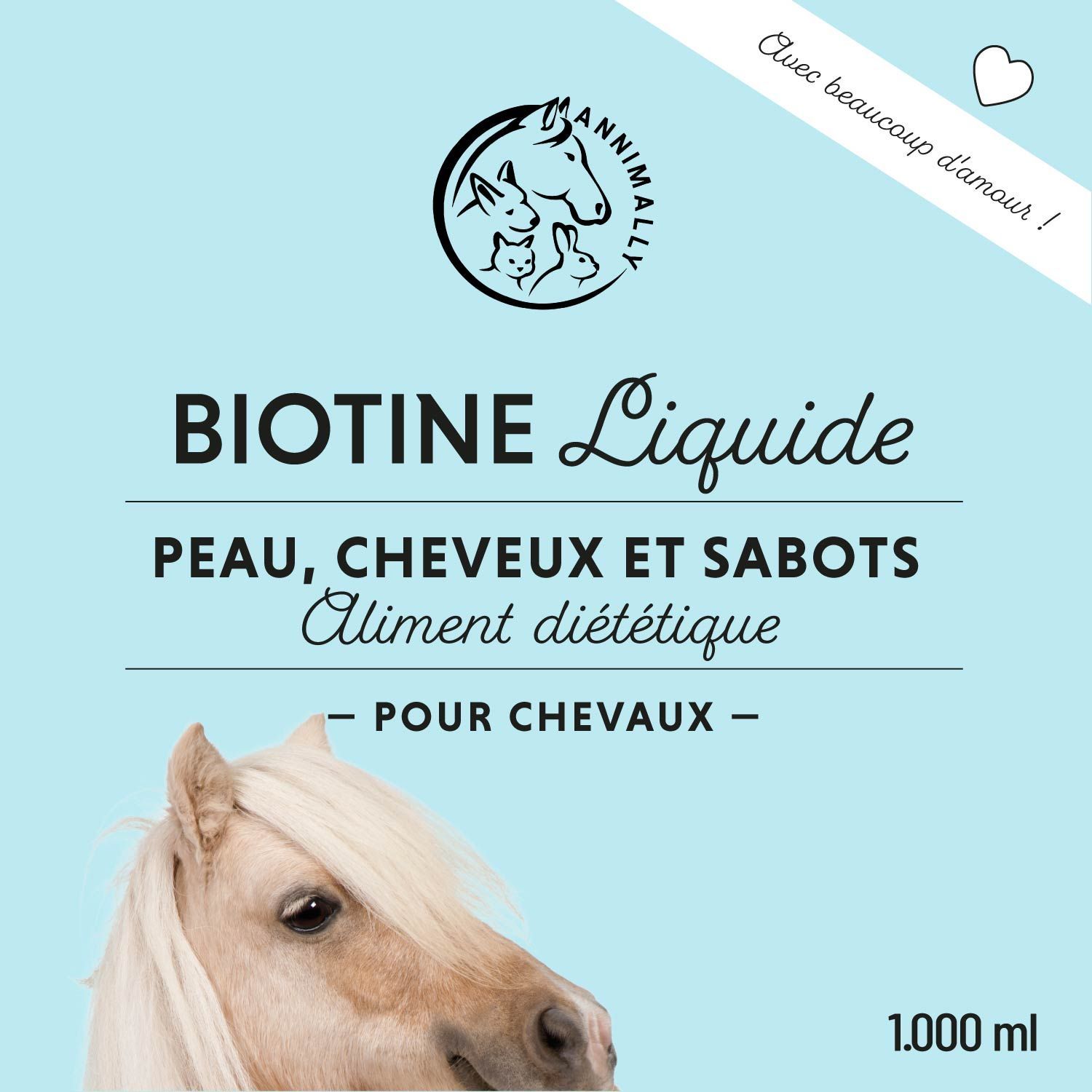 Bouteille Annimally Biotin Liquid. Étiquette avec nom du produit, logo et texte. 1000 ml. Soin optimal pour peau, fourrure et corne.