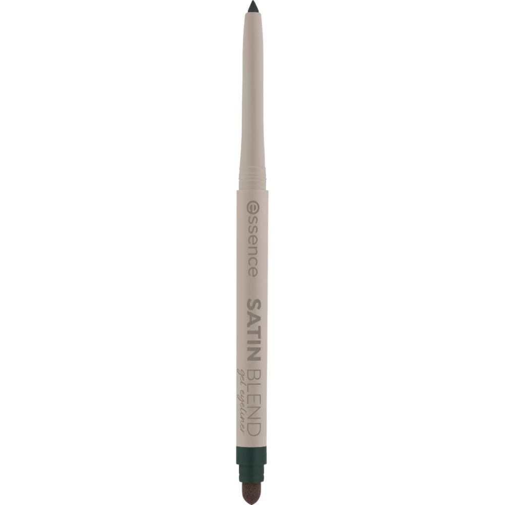 Eyeliner gel Essence Satin Blend. Bâton beige avec pointe verte. Nom du produit et marque imprimés.