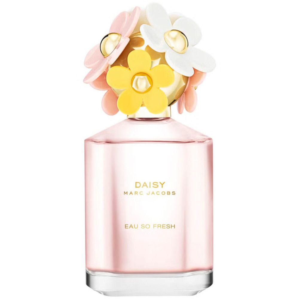 Roze fles met bloemenkap. Opschrift: DAISY MARC JACOBS, Eau So Fresh. Transparante fles.