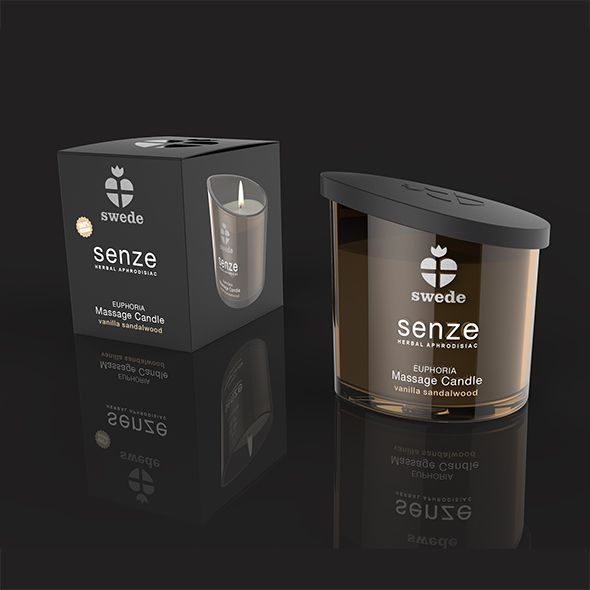 Senze Massage Candle Euphoria, bruin glas, zwarte deksel. Verpakking met productafbeelding en tekst.