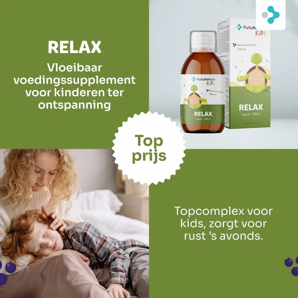 Fles en verpakking met logo en tekst. Opschrift: RELAX. Vloeibaar voedingssupplement. Bord met tekst: Top prijs.