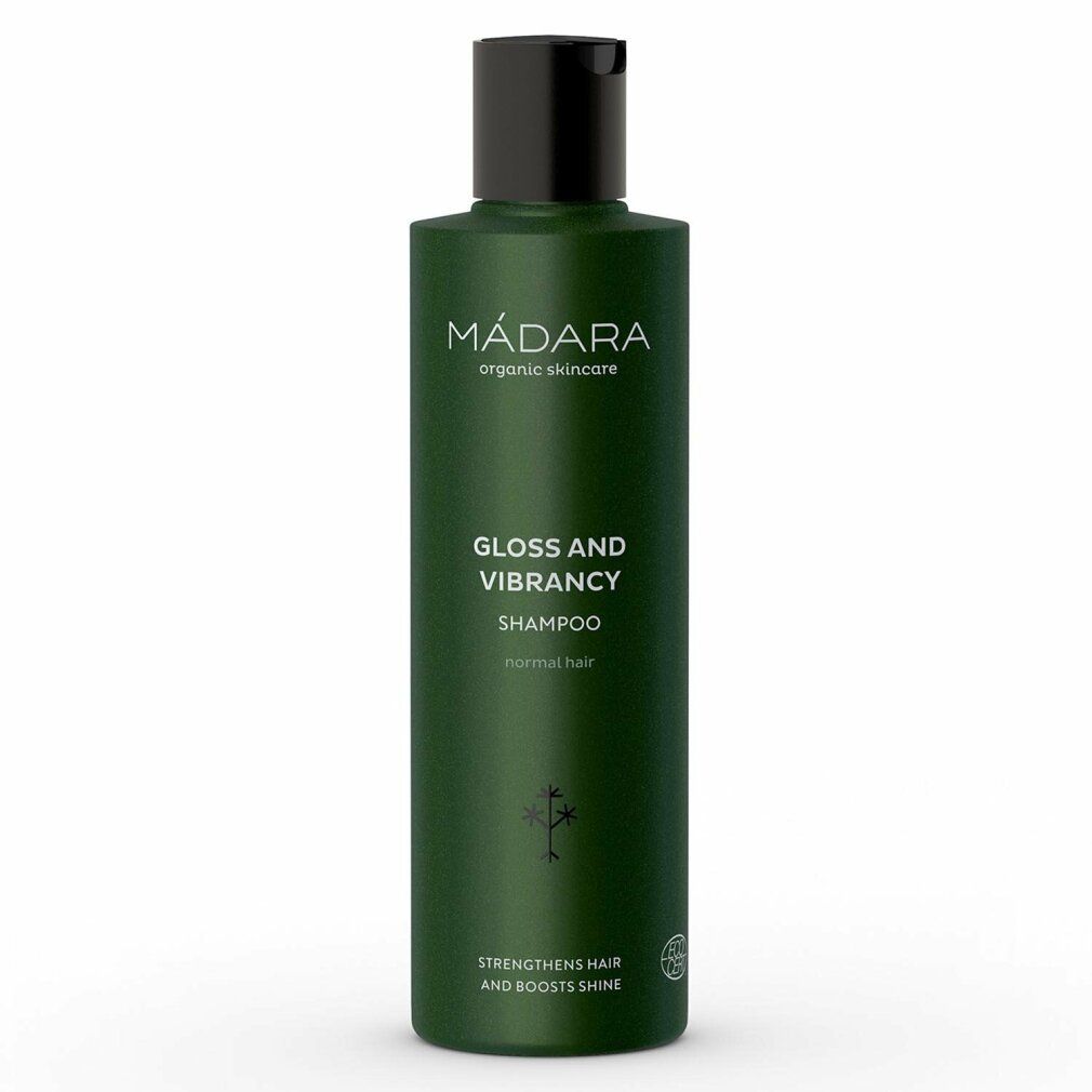 Flacon vert avec bouchon noir. Inscription: MÁDARA organic skincare, Gloss and Vibrancy Shampoo, pour cheveux normaux.