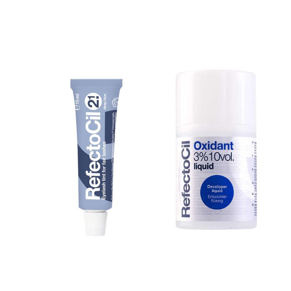 Twee cosmetische producten: een tube "RefectoCil 2.1" en een flesje "Oxidant 3% 10vol. liquid". Beide producten zijn voor wimpers.