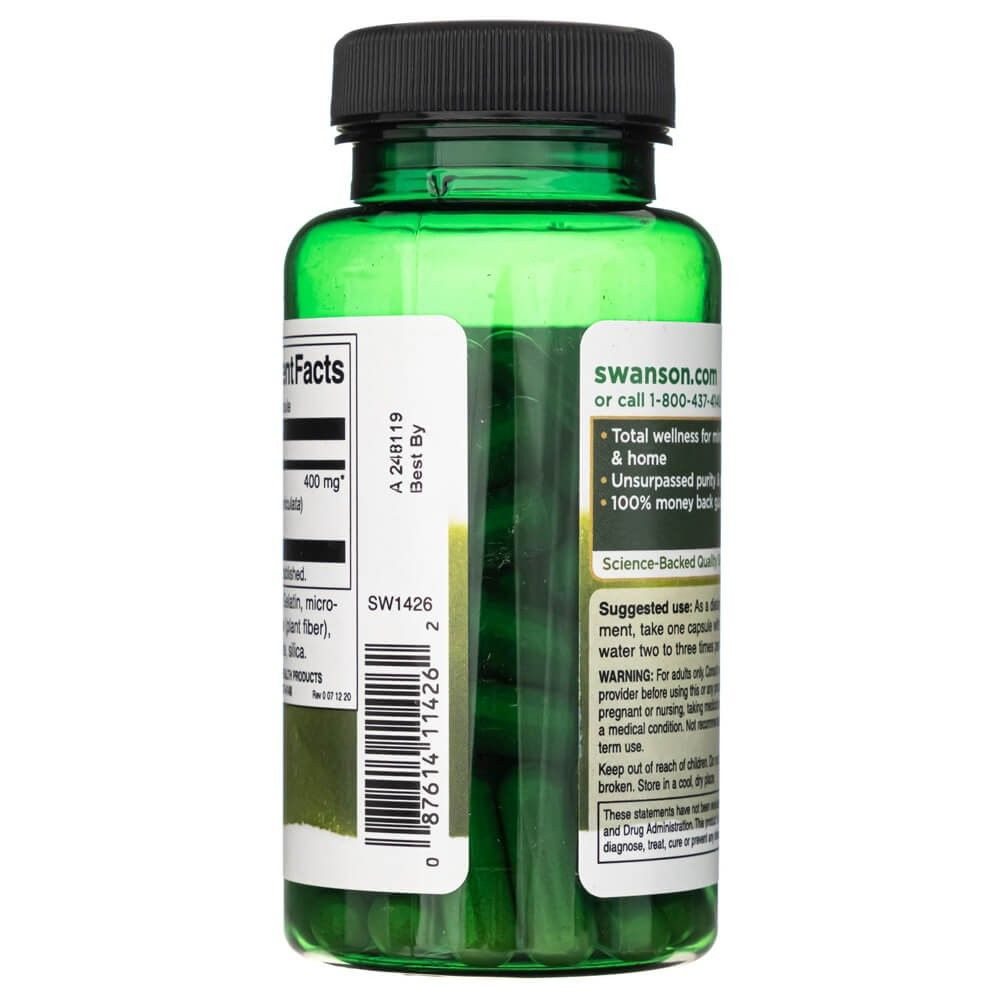 Vue latérale d'une gélule verte : SWANSON Andrographis Paniculata, avec code-barres et instructions d'utilisation.