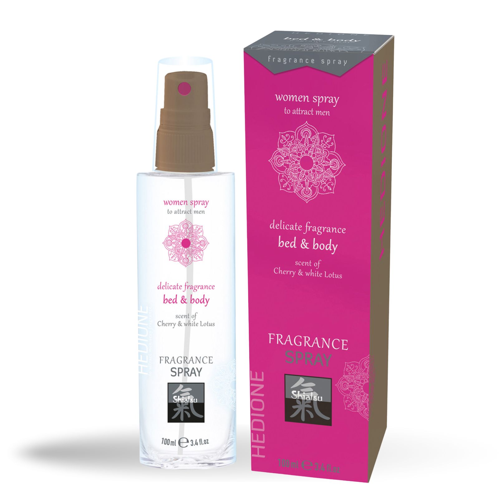 Flacon et emballage côte à côte. Flacon : transparent, vaporisateur. Emballage : rose, rectangulaire. Inscriptions : "women spray", "bed & body", "Fragrance Spray".