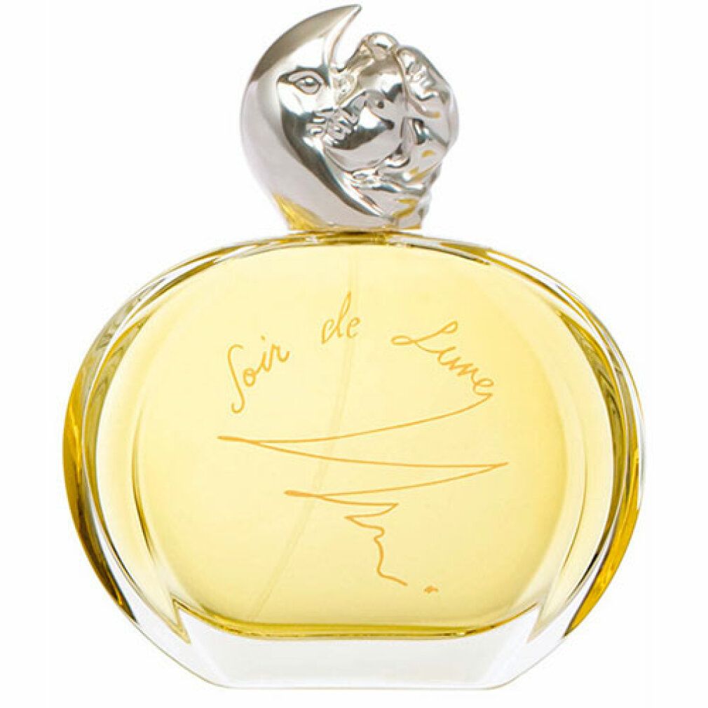 Flacon rond en verre avec bouchon argenté en forme de lune et visage féminin. Inscription "Soir de Lune".