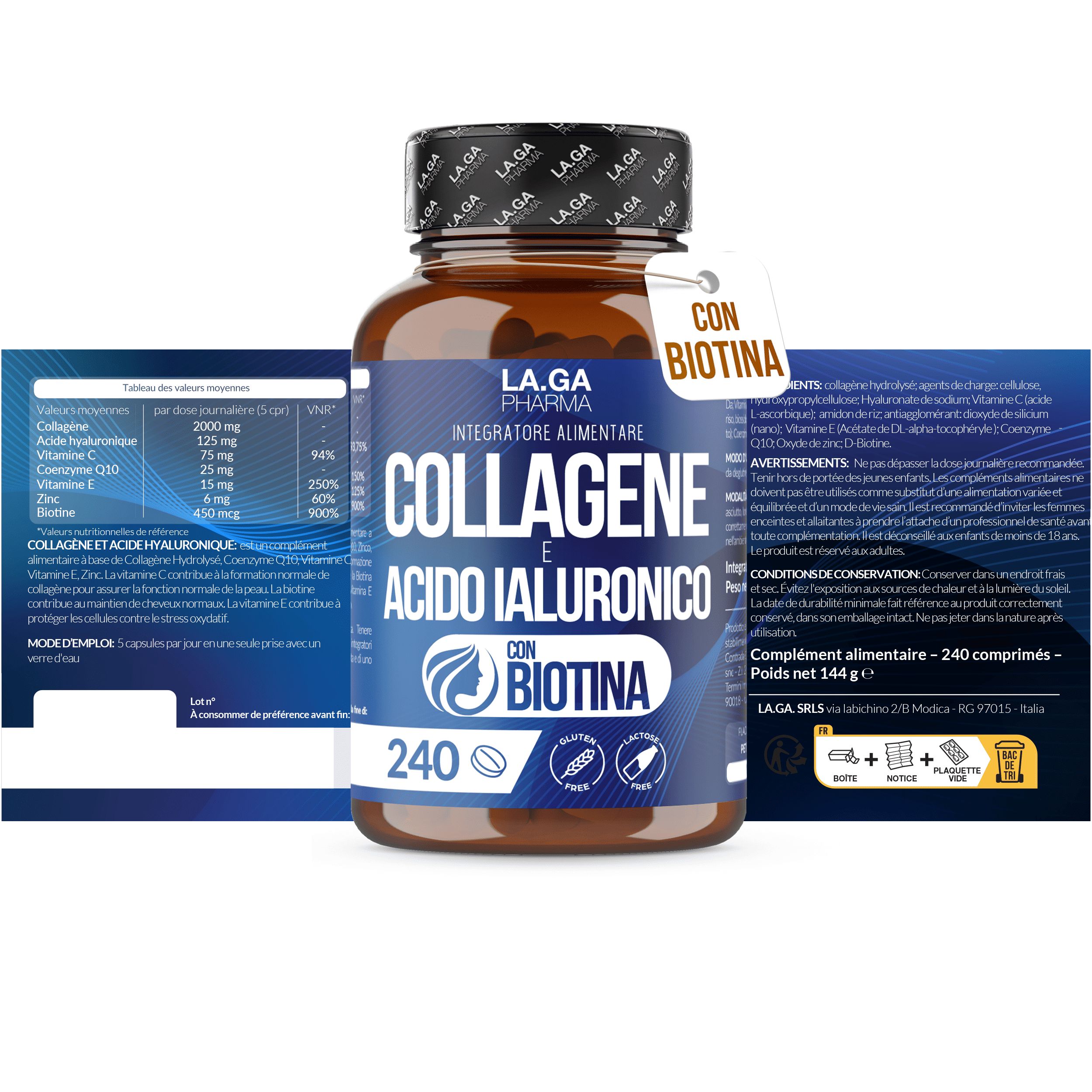 LA.GA© Collagène 2000mg avec Acide Hyaluronique, Biotine & Q10 – 240 Comprimés Anti-Âge