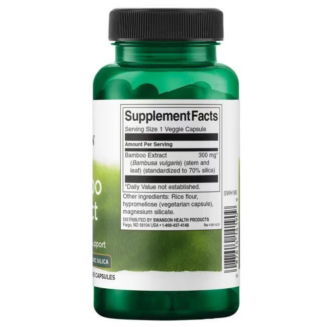 Achterkant van een groene fles. Opschrift: Supplement Facts. Bevat Bamboo Extract. Ingrediënten en voedingswaarde-informatie.