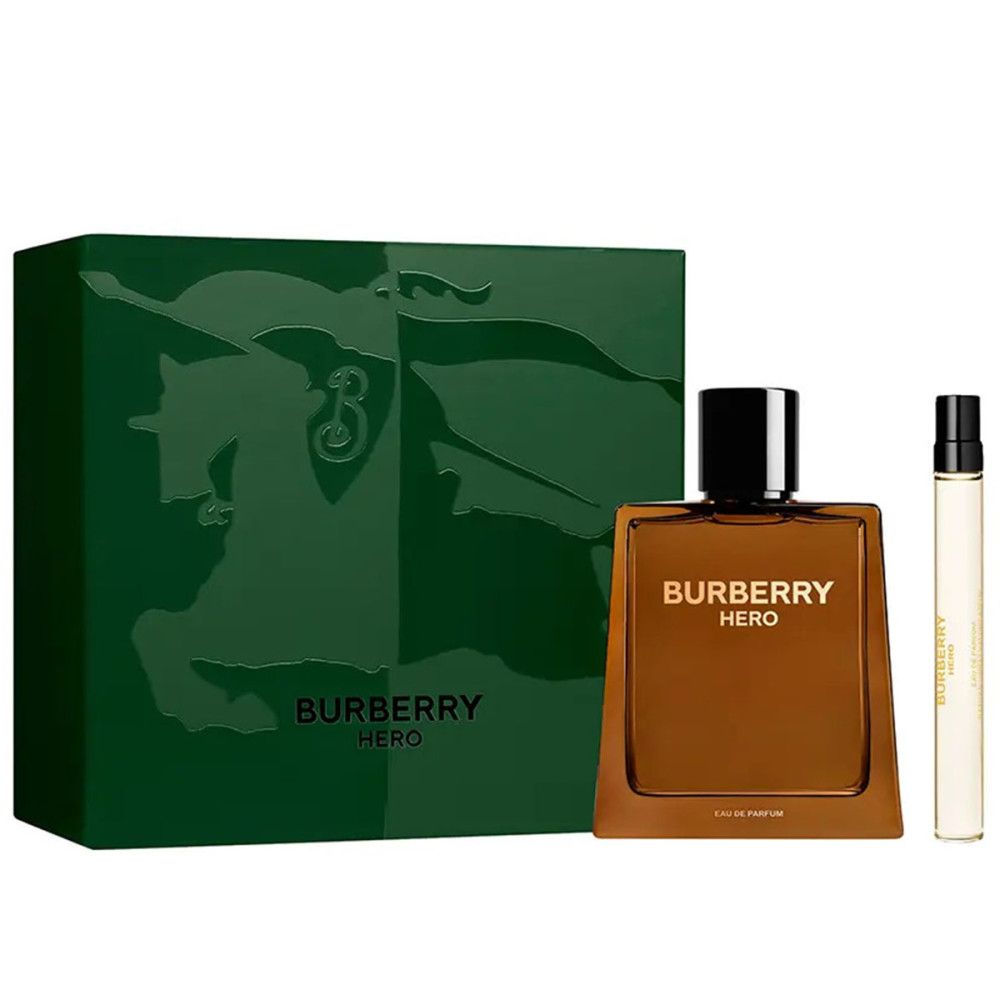 Groene doos met fles en spray. Opschrift Burberry Hero. Bruine fles, zwarte dop.