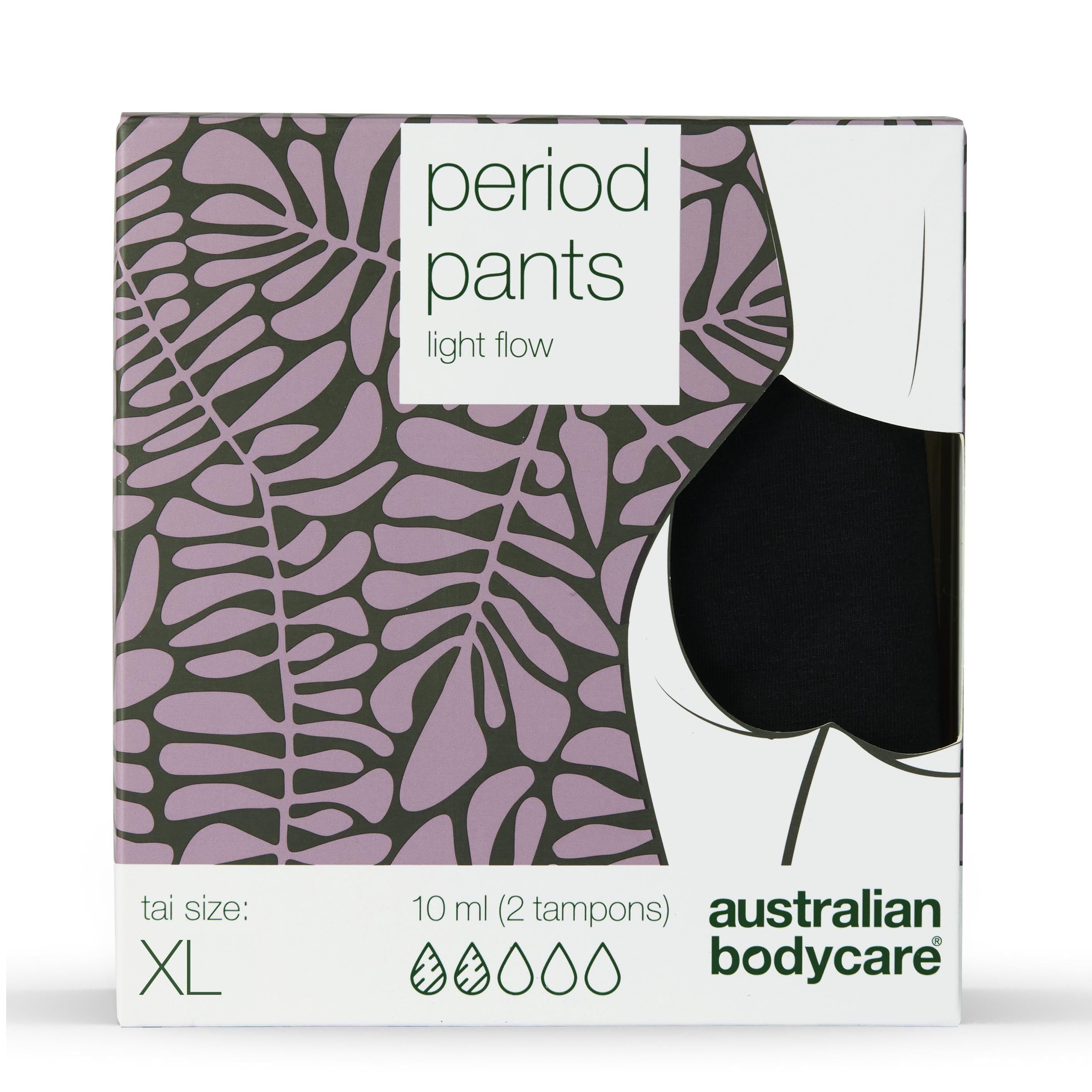 Verpakking menstruatiebroekje. Maat XL, 10 ml (2 tampons). Merk: Australian Bodycare.