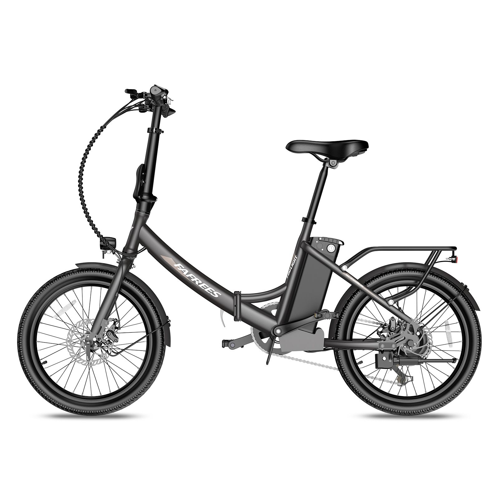 Zwarte opvouwbare e-bike, met bagagedrager en batterij. Merk Fafrees.