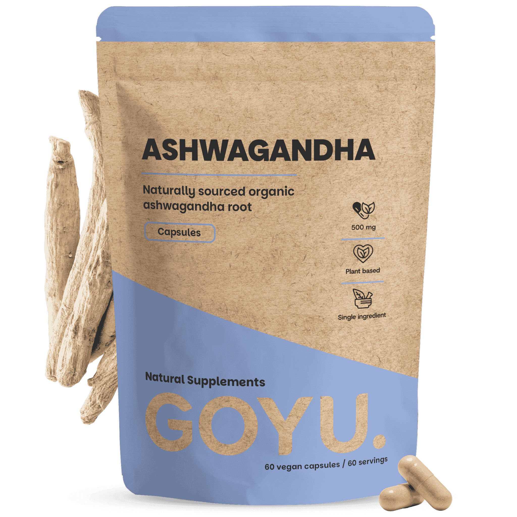 Ashwagandha capsules in bruine zakverpakking met GOYU-logo. Bevat 60 vegan capsules.