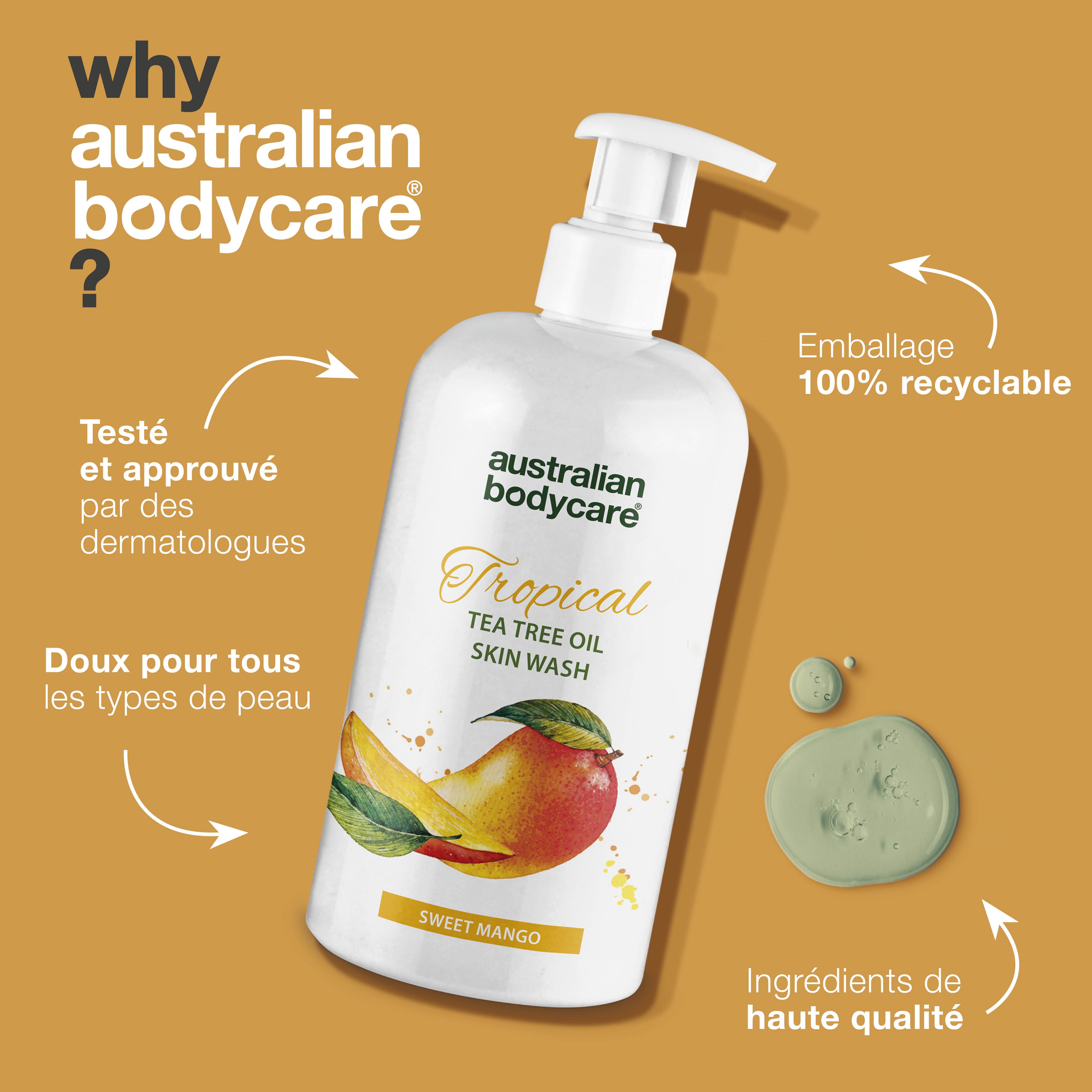 Flacon de produit avec texte: Australian Bodycare, Tropical, Tea Tree Oil Skin Wash, Sweet Mango. Texte: Emballage 100% recyclable.