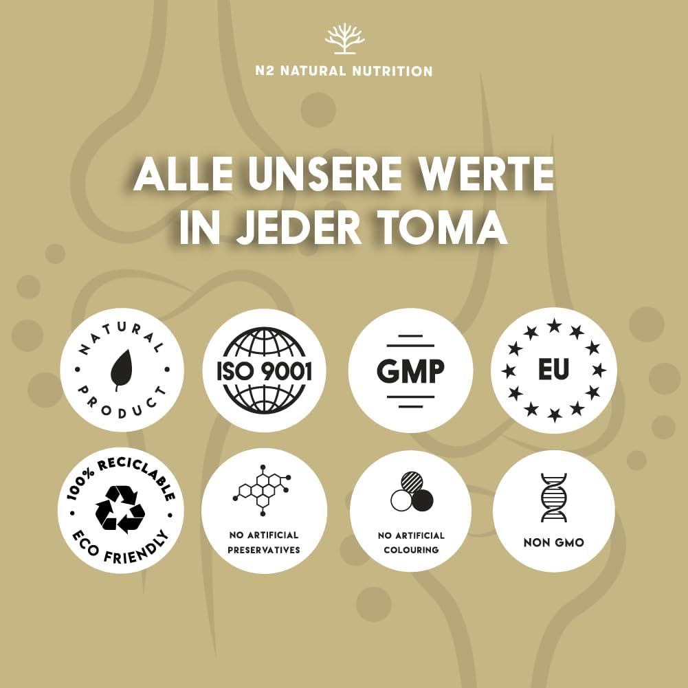 Logos circulaires: Natural Product, ISO 9001, GMP, EU, 100% Recyclable, No Artificial Preservatives, No Artificial Colouring, Non GMO.