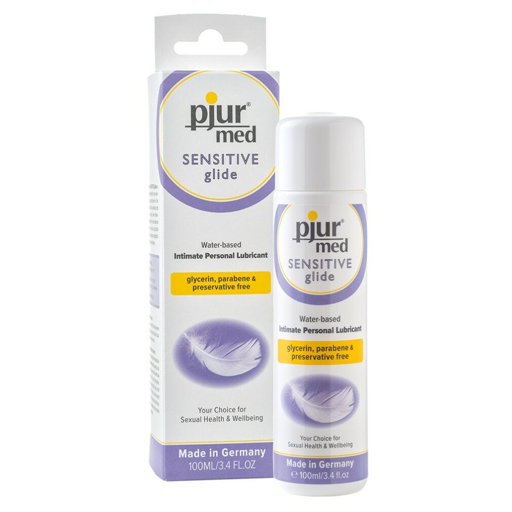 Verpakking en fles. Opschrift: pjur med Sensitive Glide. Intieme glijmiddel op waterbasis. Zonder glycerine, parabenen en conserveringsmiddelen.