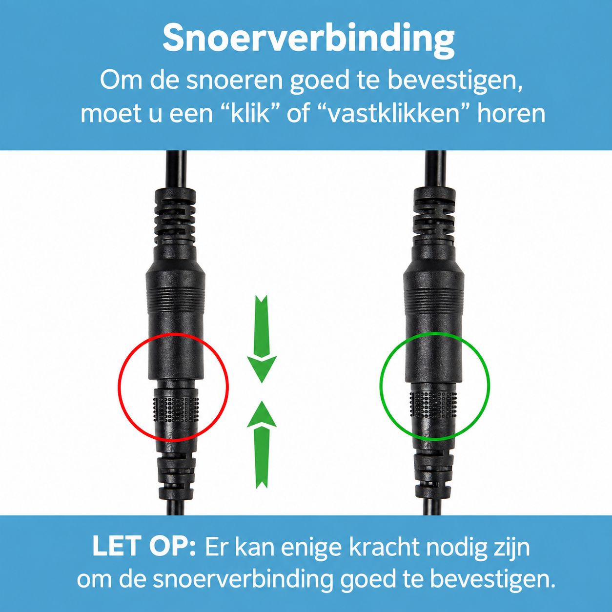 Twee zwarte kabelconnectoren worden getoond. De linker connector is rood omcirkeld, de rechter groen. Pijlen geven de verbinding aan.