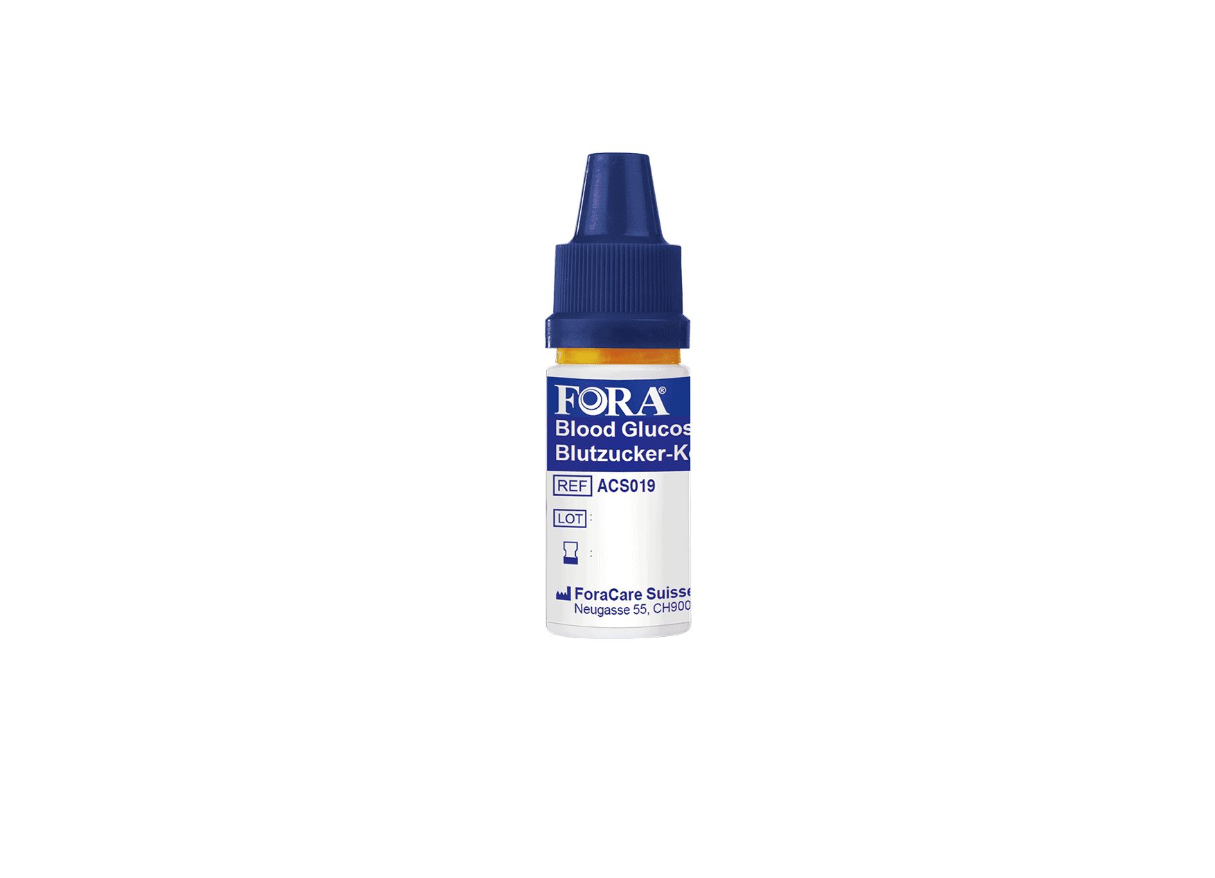 Petite bouteille avec bouchon bleu, contient une solution de contrôle de glycémie FORA. Référence ACS019.