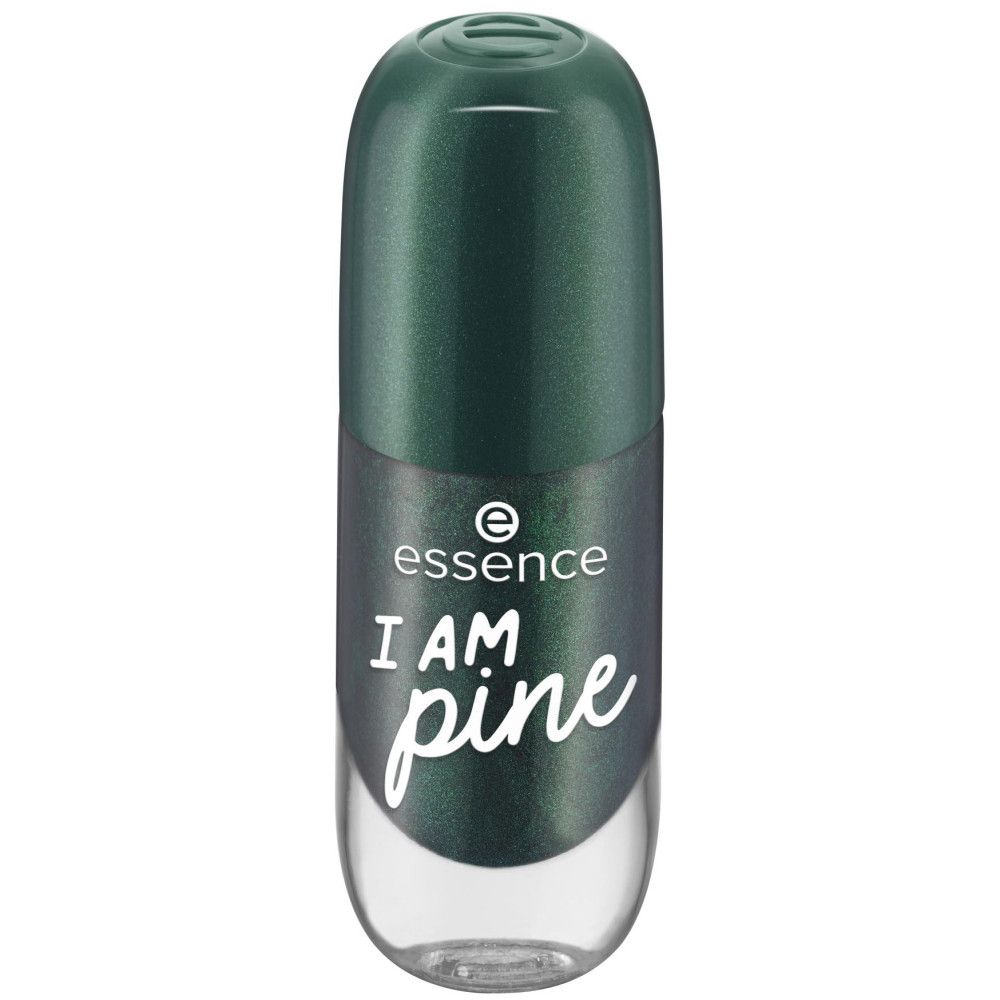 Flacon de vernis à ongles fermé. Couleur verte, inscription 'I AM pine'. Marque 'essence'.