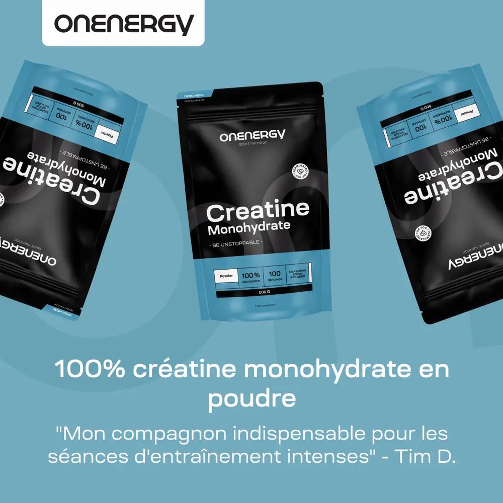 Trois sachets OnEnergy Créatine Monohydrate. Texte: 100% créatine monohydrate en poudre. Citation: Tim D.