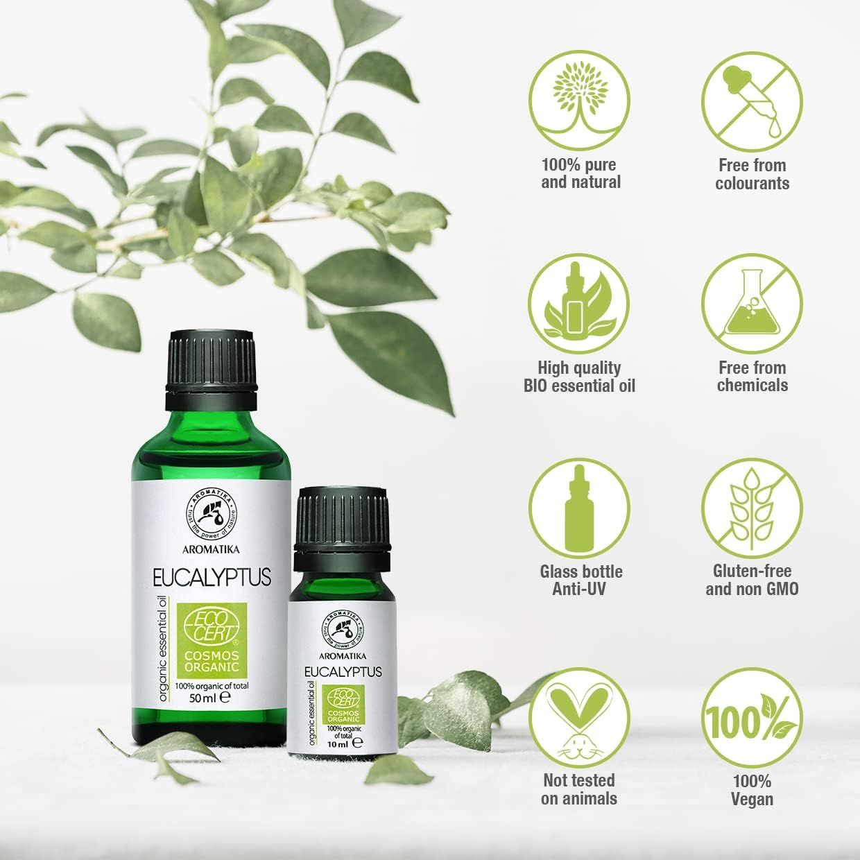 Twee AROMATIKA Eucalyptusolie flessen (50ml, 10ml) en bio iconen.