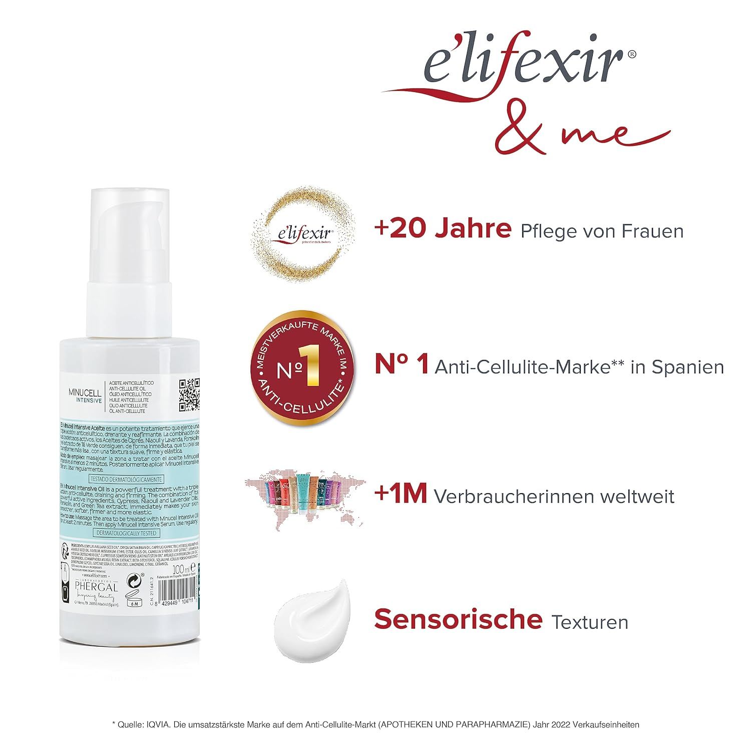 Elifexir Minucell Anti-Cellulite-Öl. Dos du flacon avec texte et logos. Texture crème blanche.