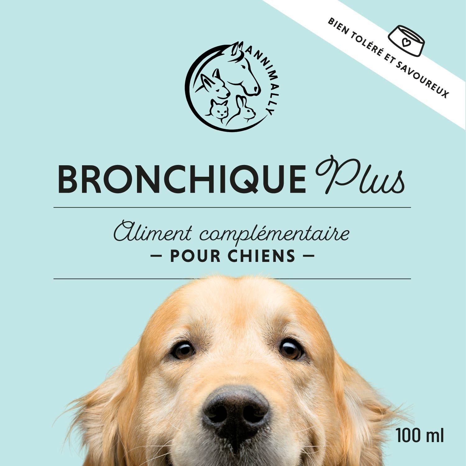 Étiquette du produit avec inscription: Bronchique Plus. Aliment complémentaire pour chiens. Chien en image.