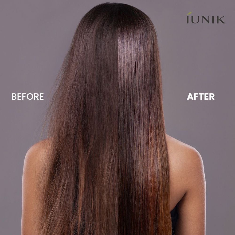 Achteraanzicht van haar. Links: droog haar. Rechts: glad haar. Tekst: Before, After. Merk: IUNIK.