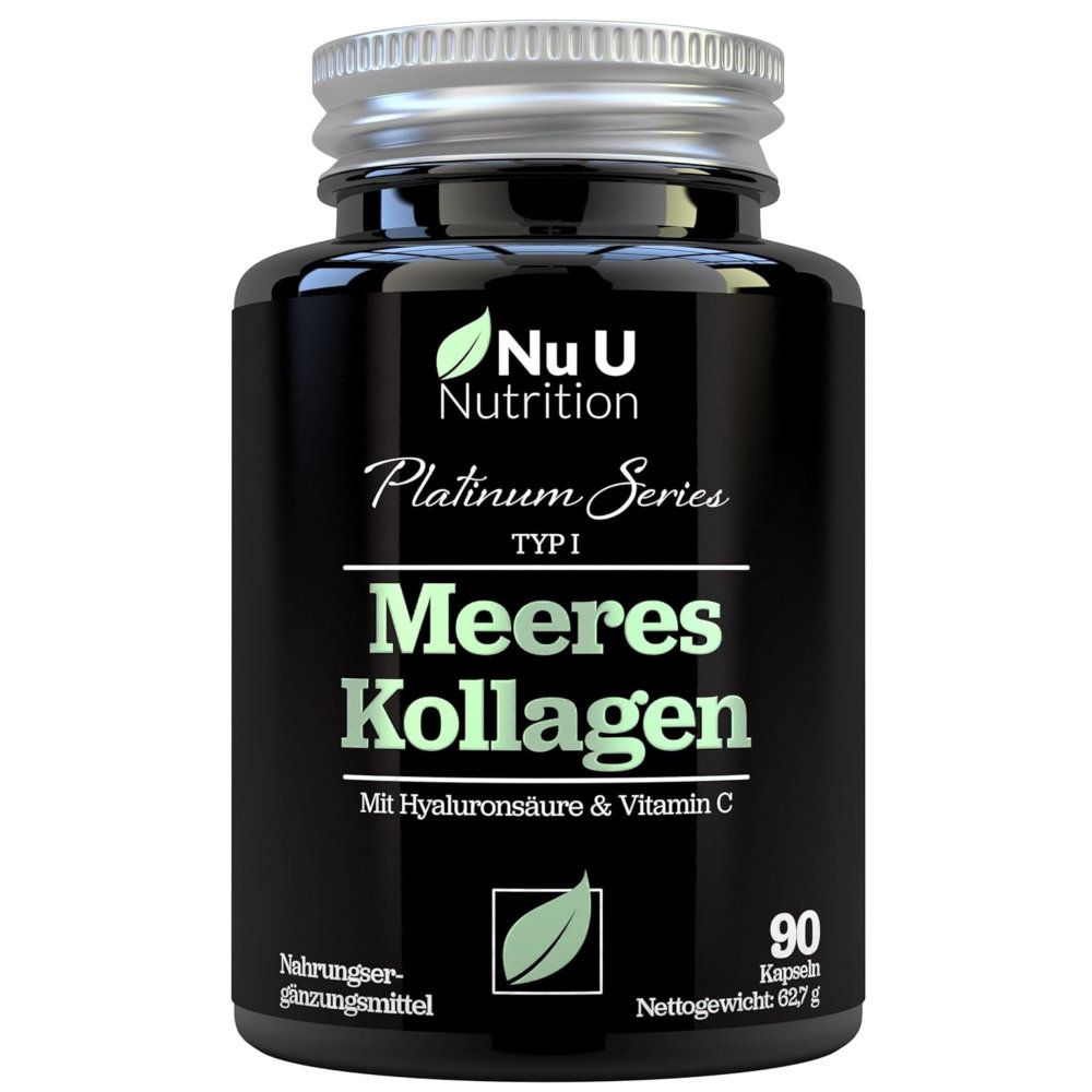 Flacon noir avec capsules. Inscription : Nu U Nutrition, Meeres Kollagen, Type I, avec acide hyaluronique et vitamine C. 90 gélules.