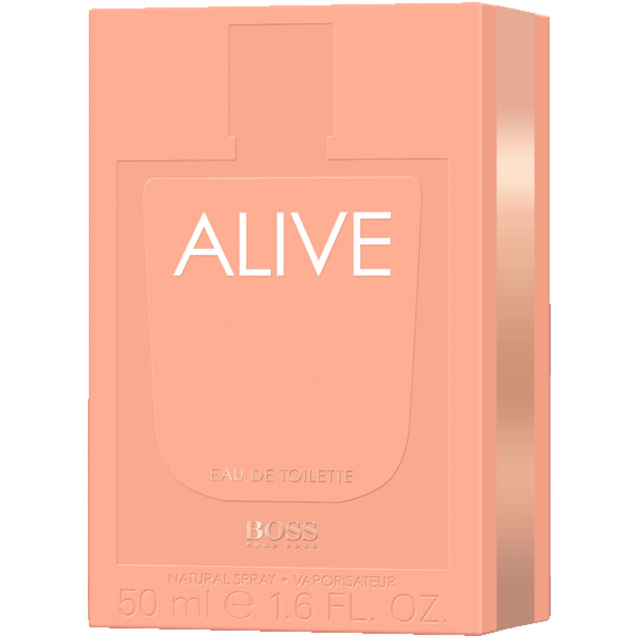 Emballage Alive E.d.T. Nat. Spray. Emballage rose, inscription Alive. En bas, inscription Boss et indication de volume.