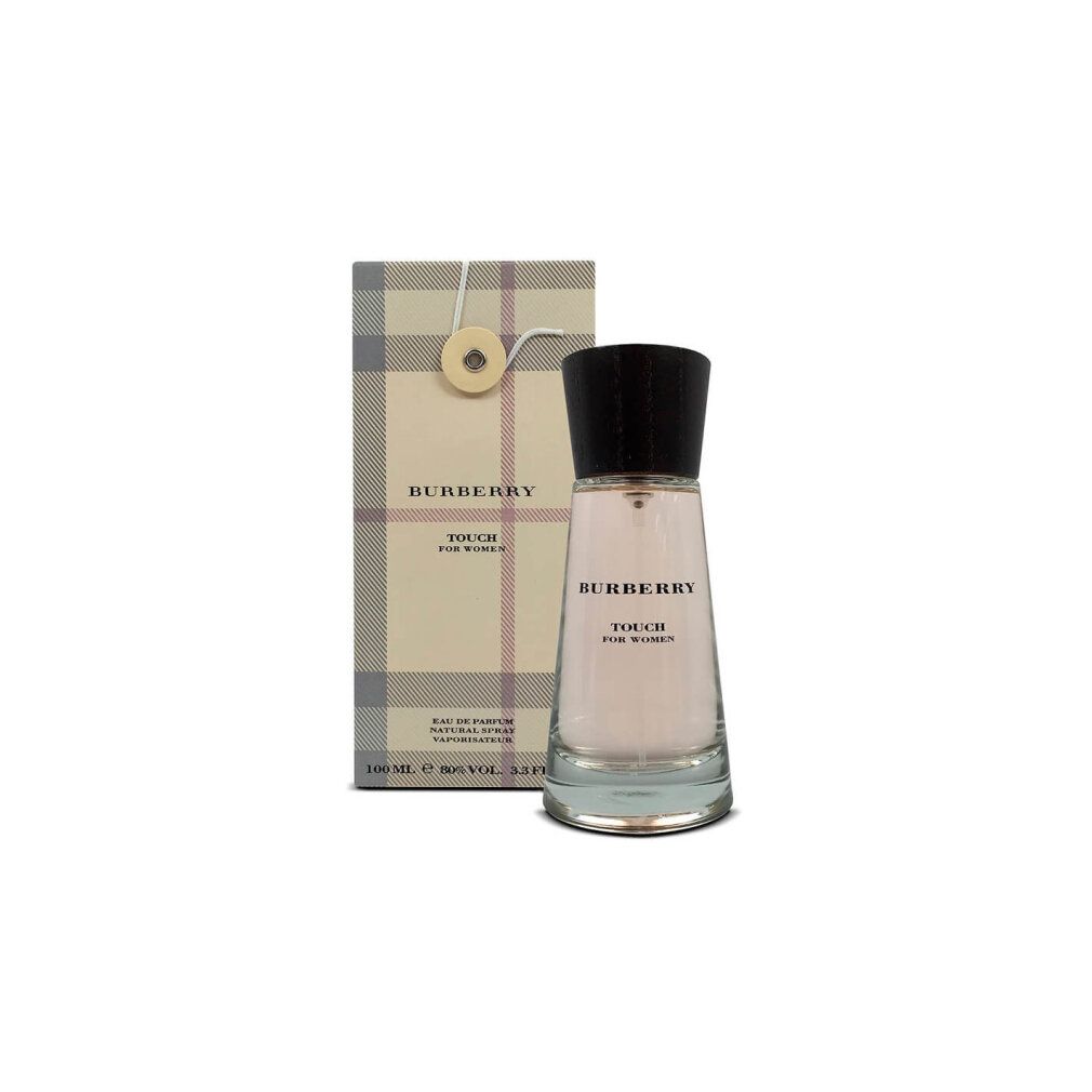 Flacon et emballage Burberry Touch for Women. Flacon avec bouchon noir, emballage à carreaux et fermeture.