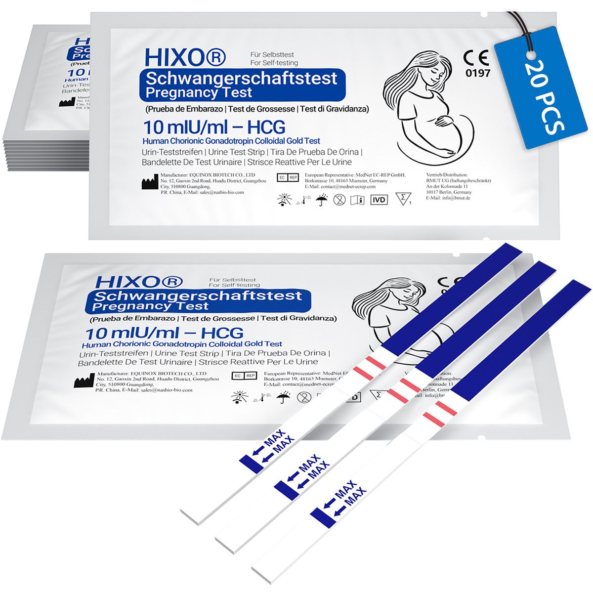 Verpakkingen en teststrips. Opschrift: HIXO Zwangerschapstest, 10 mIU/ml - HCG. 20 stuks.