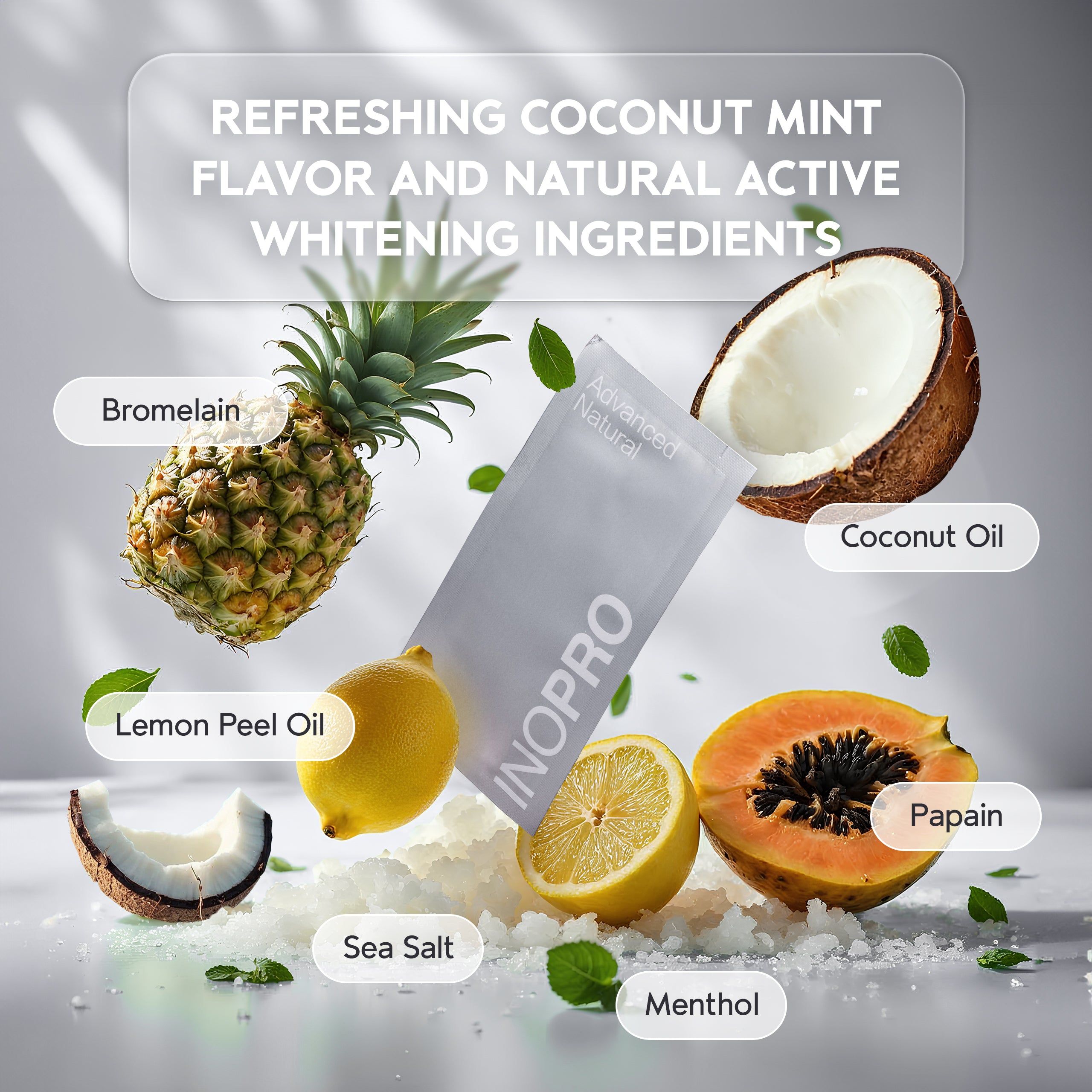 INOPRO whitening strips kokos-munt smaak, natuurlijke ingrediënten zoals bromelaïne en papaja.