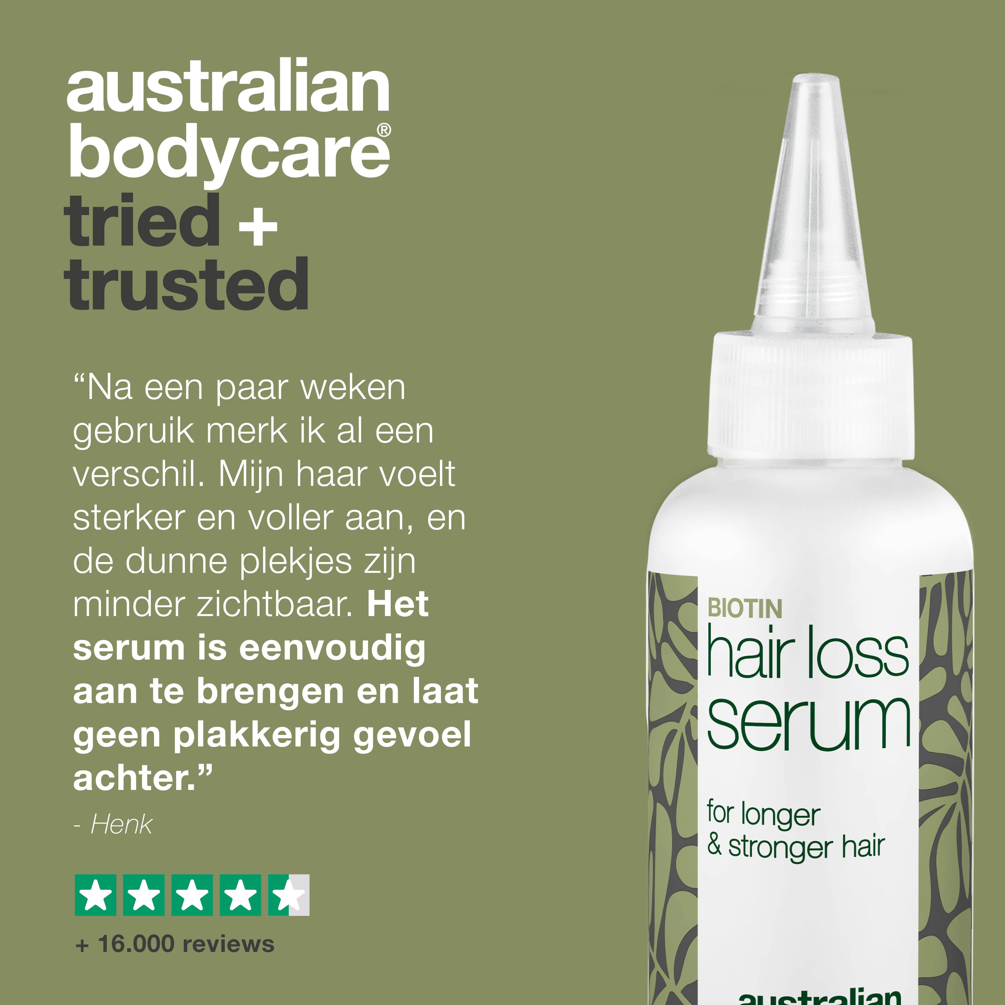 Serumflesje met "Hair Loss Serum". Merk: Australian Bodycare. Tekst: Tried + Trusted.