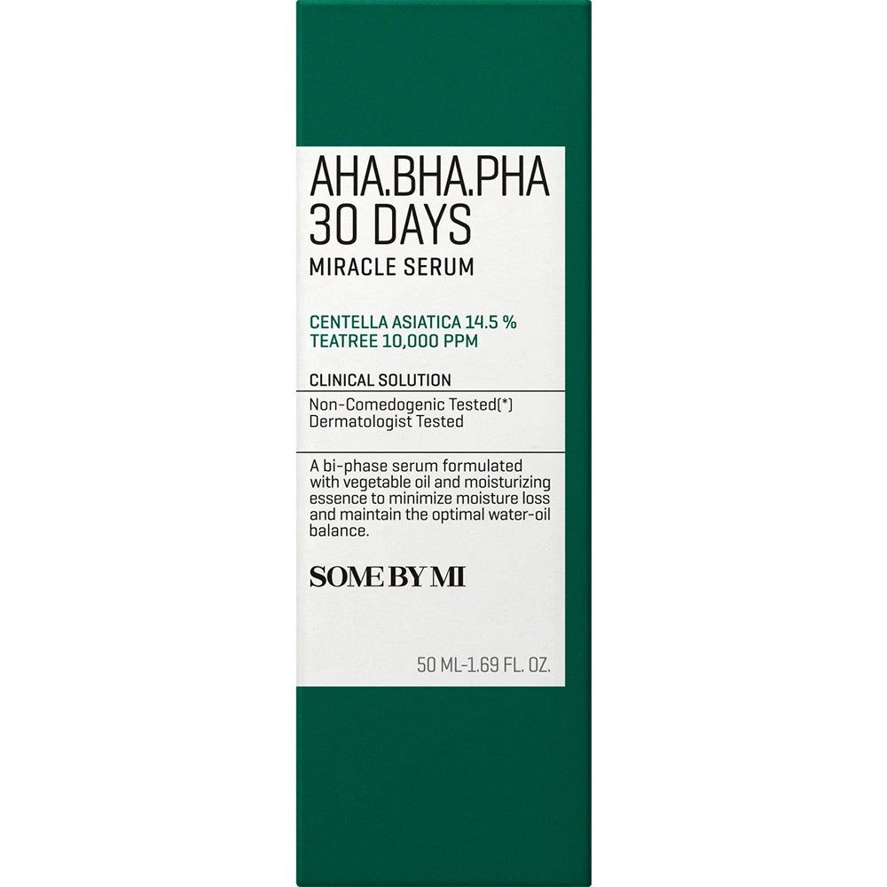 Verpakking van SOMEBYMI AHA-BHA-PHA 30 Days Miracle Serum met beschrijving van ingrediënten.