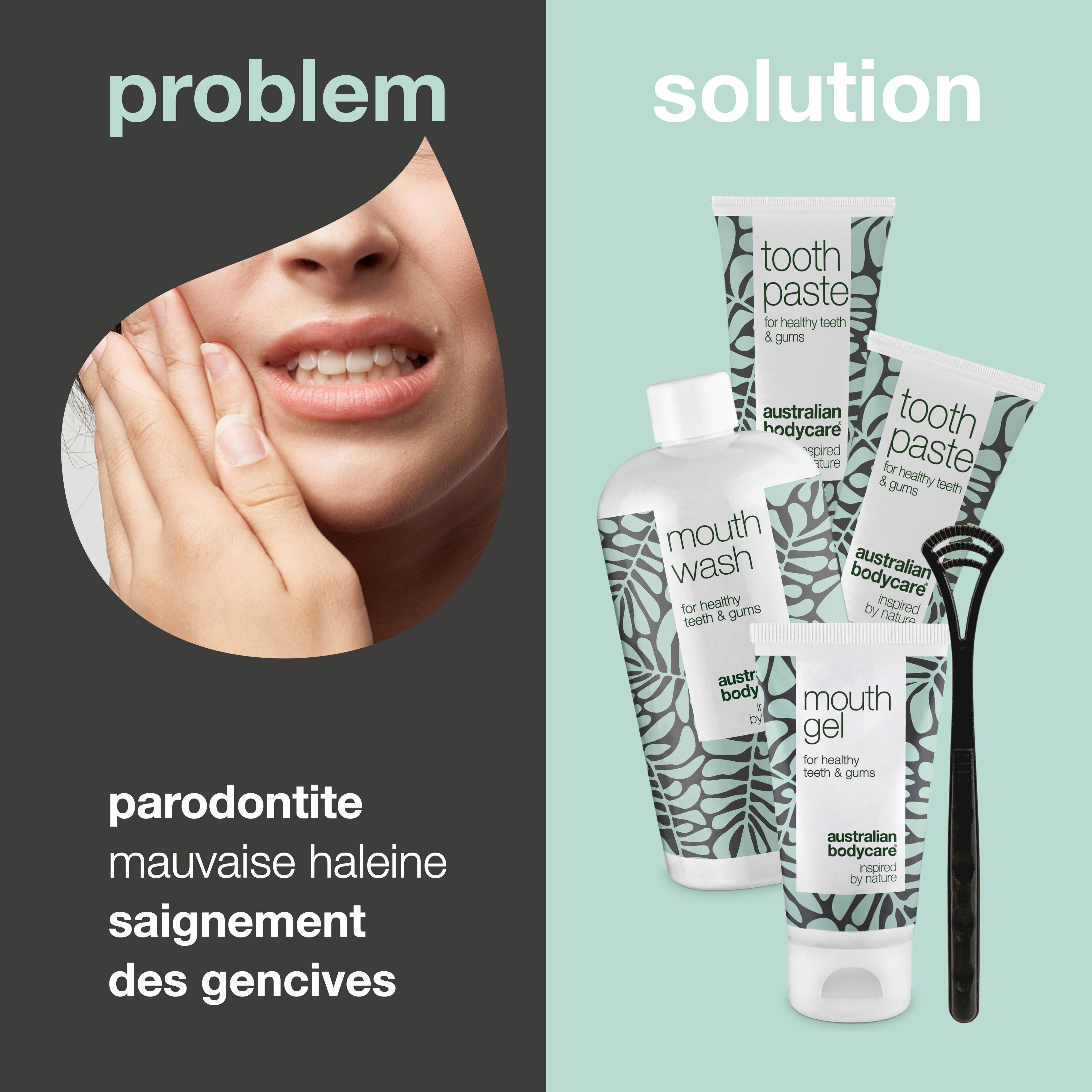 Image montrant un problème et une solution. Problème : gingivite. Solution : kit de soins bucco-dentaires Australian Bodycare.