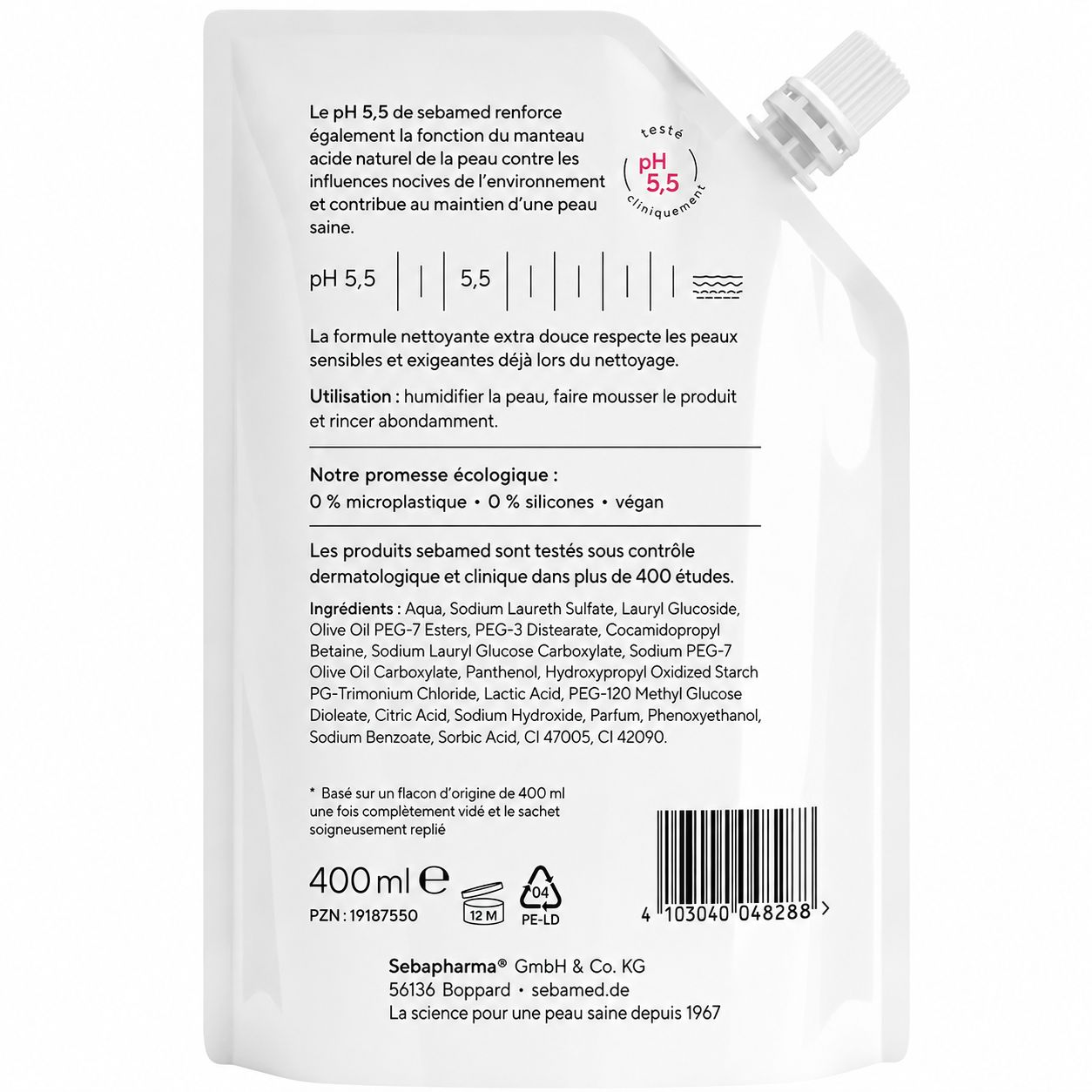 Pochette de recharge pour émulsion lavante, 400ml, avec informations sur l'échelle du pH.