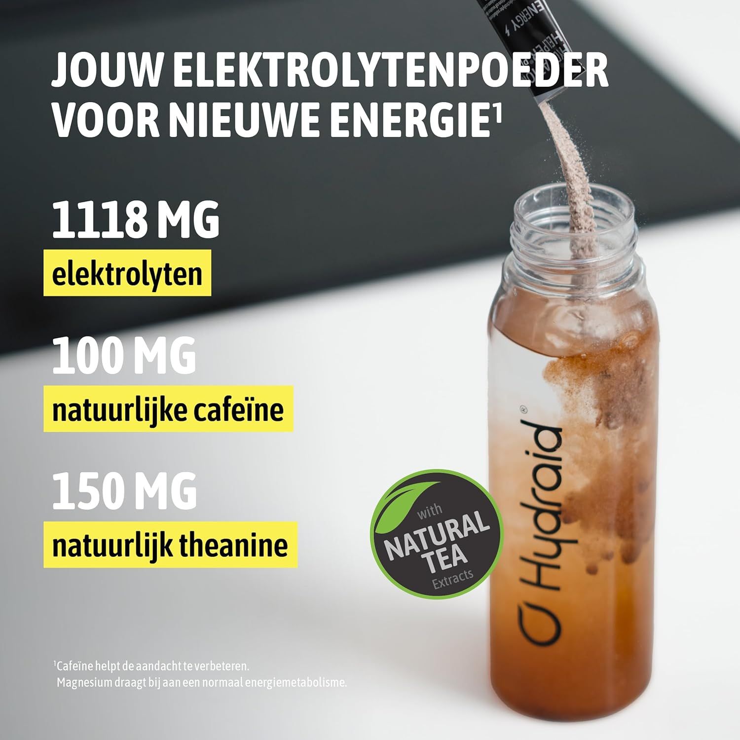 Hydraid fles met elektrolytenpoeder en natuurlijk thee-extract. Bevat 1118 mg elektrolyten, 100 mg cafeïne, 150 mg theanine.