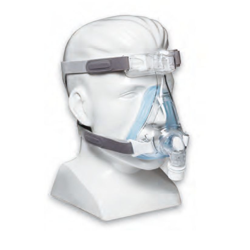 Philips CPAP Masker Amara Gel Full gemonteerd op een etalagehoofd, met hoofdbanden.
