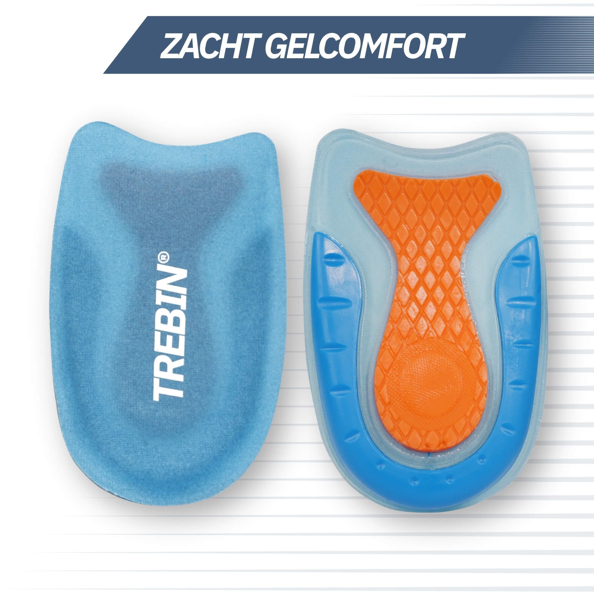 Verpakking "TREBIN GEL HIELKUSSENS" met twee inlegzolen, één met oranje gel-inzet.