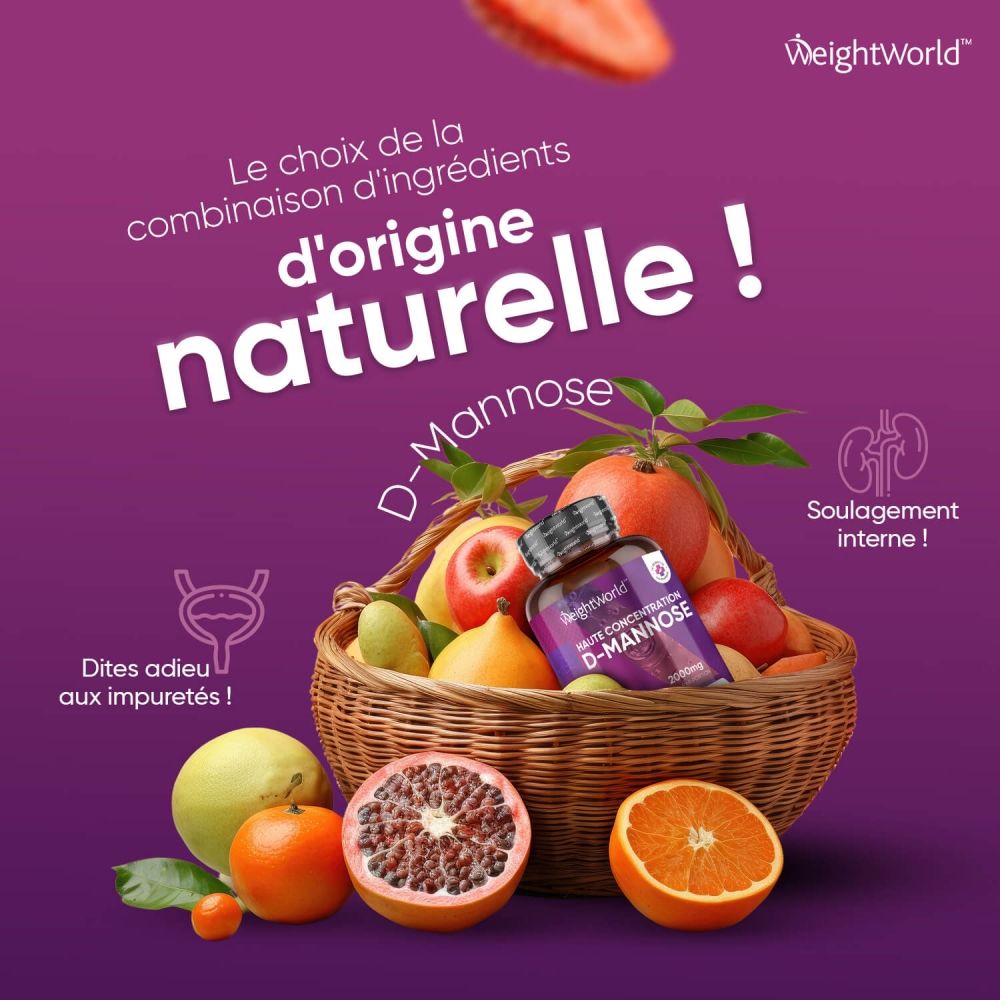 Texte : D-Mannose, instructions, ingrédients, poids net. Flacon de gélules.