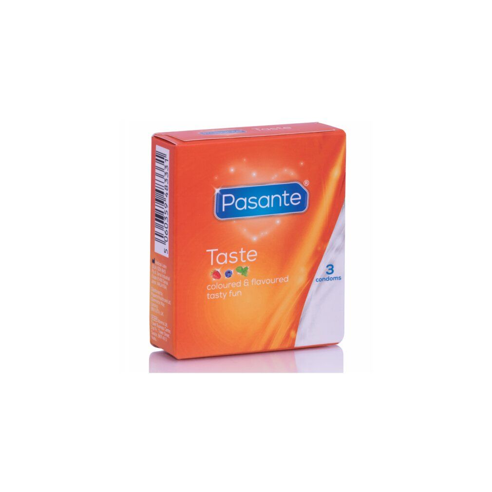 Boîte orange Pasante Taste, 3 préservatifs. Texte: coloured & flavoured tasty fun.