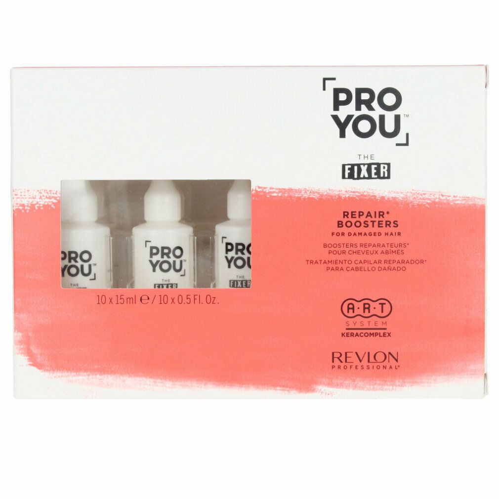 Boîte Revlon Proyou The Fixer Booster avec trois flacons. Inscription: Repair Boosters for damaged hair.
