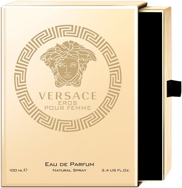 Gouden verpakking. Opschrift: VERSACE EROS POUR FEMME. Eau de Parfum, Natural Spray.